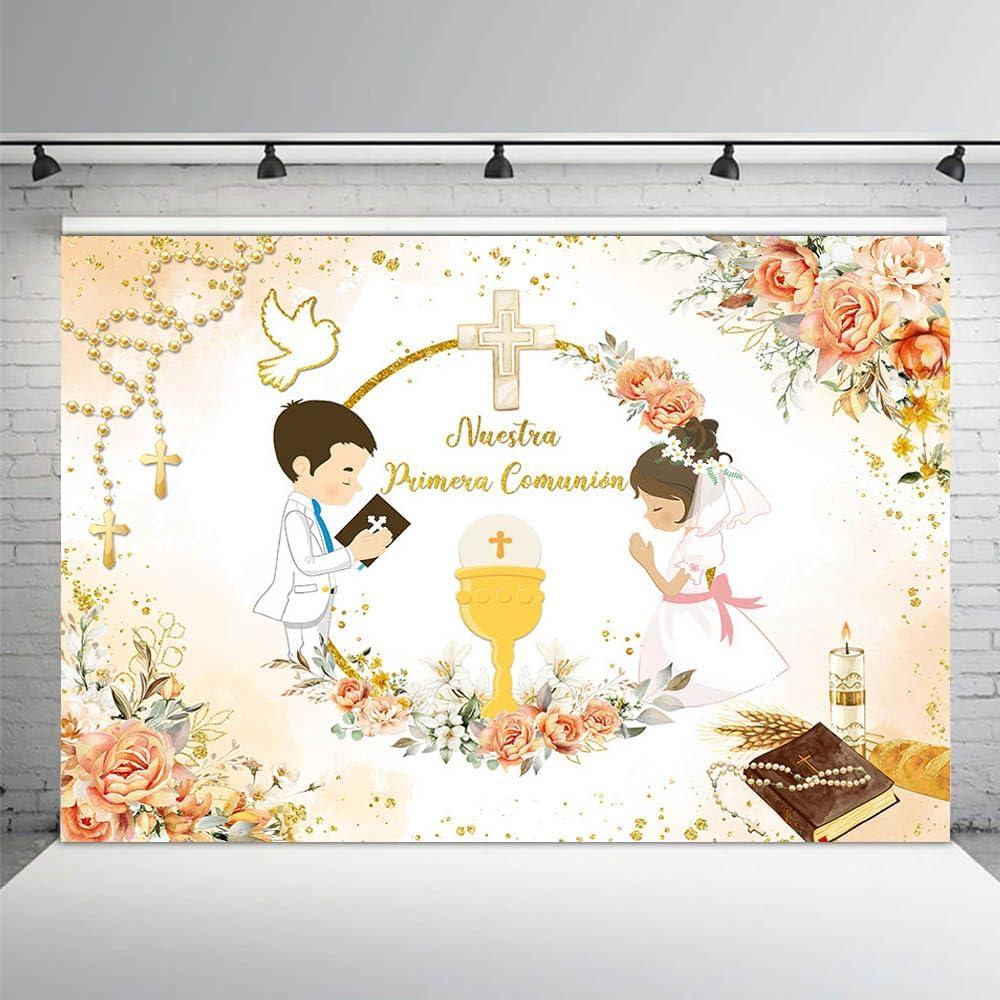 7x5ft Mi Baptism Backdrop Nuestra Primera Comunion Christening Photography Background God Bless Mi Primera Comunin Mi Bautizo White Floral Party Decorations Banner Photo Props