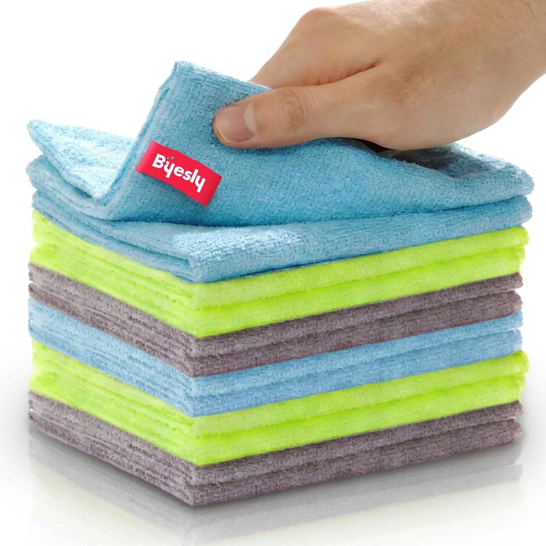 12-Pack Microfiber Cleaning Cloth, 11.5x11.5 Microfiber Towels for Cars, Dishes & House, for Detailers, Chefs & Efficient Home | Scratch-Free, Lint-Free, Ultra Absorbent(Blue/Green/Grey)