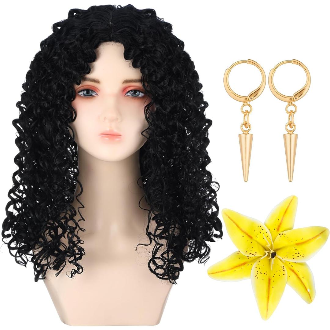 Yinder 3 Pcs Mother Witch Halloween Costume Black Curly Wig Wavy Wig Yellow Flower Gold Cone Earrings Movie Cosplay Costume for Halloween Women Mother Adult Witch Fairytale Party Accessories