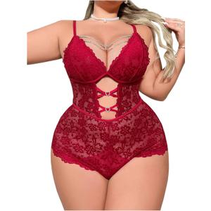 Milumia Plus Size Sexy Lingerie for Women Floral Lace Bodysuits with Chain Rhinestone Cut Out One Piece Nightgown Sleepwear (XX-Large Plus, Burgundy)