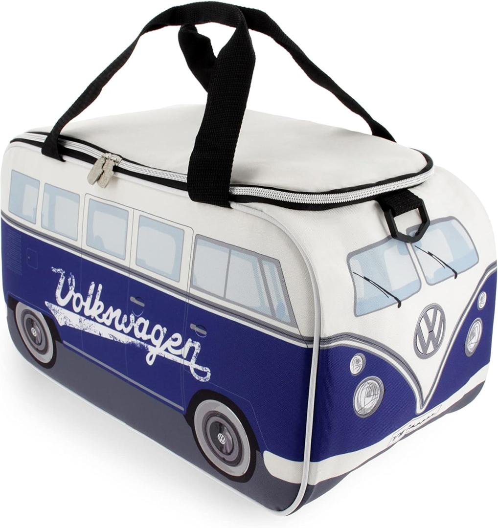 BRISA VW Collection - Volkswagen Insulated Cool-Warm Thermo Picnic Lunch Bag Box for Food in T1 Bus Design (25 Liters/6.6 Gallons) (One Size, White/Blue)