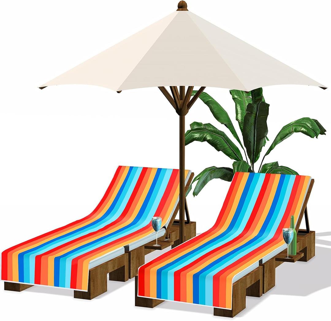 Fumete 2 Pack Lounge Chair Covers 30 x 85 Inch Pool Chaise Lounge Towels Microfiber Beach Chair Towel Portable Striped Outdoor Patio Furniture Cover for Sunbathing Picnic Spa(Colorful)