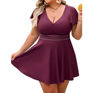 Arolina Women's Plus Size Tankini Swimsuits Swim Dress Mesh Bathing Suits Two Piece Ruffle V Neck Swimwear with Swim Shorts (Large)