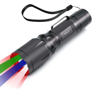 RGBW 4 Modes Flashlight, Red Green Blue White Light Options | Zoomable & Memory Function | Multi-Color Changing | Compact, Weatherproof for Night Vision | No Battery Included