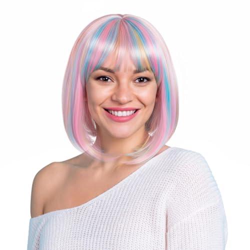 Suncalla Short Bob Wig with Bangs Colorful Party Wigs for Women Colored Cosplay Costume Daily Party Flapper Wig Hairpieces with Cap for Halloween Bachelorette(with Bangs,Pink,Blue)