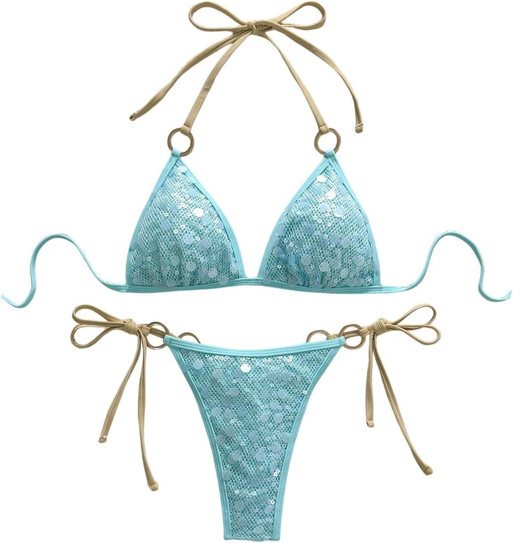 MakeMeChic Women's Sequin Bikinis Set Sparkly Halter Triangle Ring Linked Tie Side Bathing Suit, S