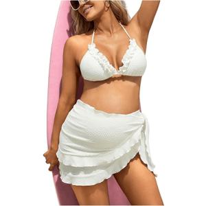 Women's Maternity 3 Pieces Swimsuit Textured Ruffle Trim Halter Bikini Set with Beach Skirt (White)