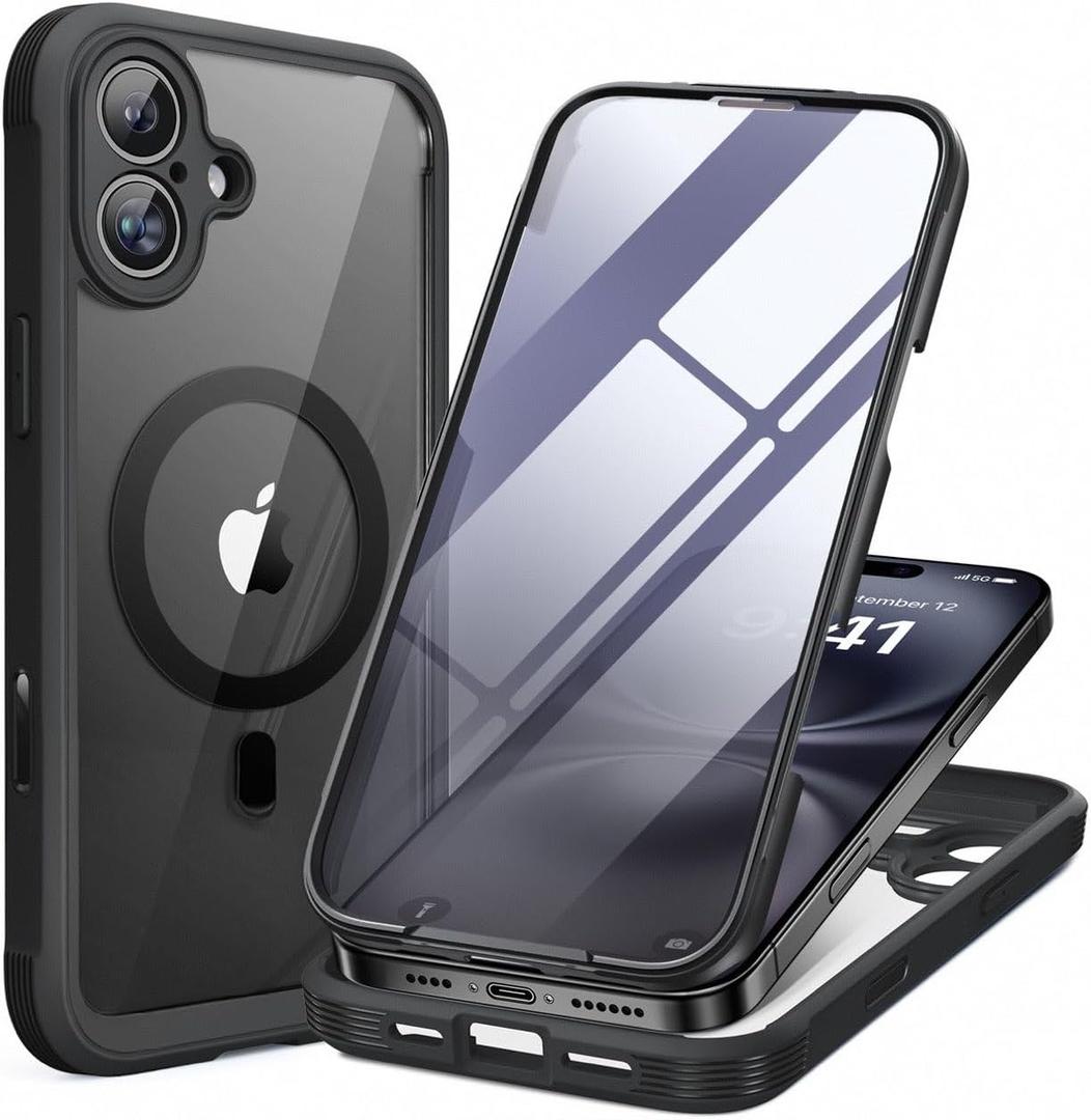 Miracase for iPhone 16 Case 6.1'', Full-Body Bumper Phone case with Built-in Full Glass Screen &Camera Control,No Gap,Compatible with MagSafe,Drop Proof 16 Cover,Black (Magnetic Classic Black)