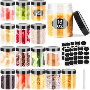 16oz Clear Plastic Jars With Lids,Plastic Jars With Lids,Airtight Container Ideal For Dry Food, Peanut Butter, Honey Jam,Cream, Bathroom and Storage(set of16)