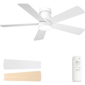 Ceiling Fans with Lights and Remote, Low Profile Ceiling Fan with Light, 6 Speed, Dimmable, DC Motor, Quiet, Timer, Modern LED Ceiling Fan for Bedroom Living Room 48 inch, White