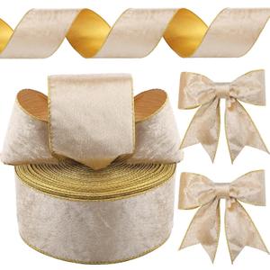 Yungyan Velvet Ribbons with Gold Edge Felt Ribbon Gift Bow Wrapping Ribbon for Handmade, Home Decor, Gift Wrapping, Wreath DIY Crafts, Christmas Tree(4 Inch X 60 Yards,Champagne Gold)