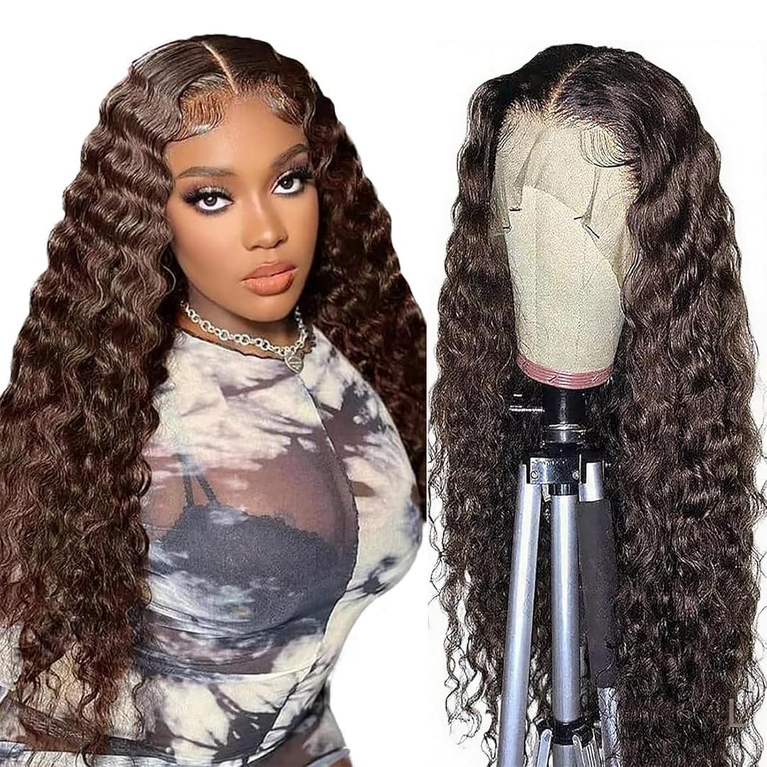 20 Inch Deep Wave Human Hair Wig 4x4 HD Lace Front Wigs 180% Density Glueless Wear Pre Plucked Curly Frontal Wigs Human Hair for Women (#4 Brown Color)