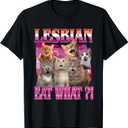 Lesbians Eat What?! Funny Cat Gay Pride LGBTQ Pun Men Women T-Shirt (Small, Black)