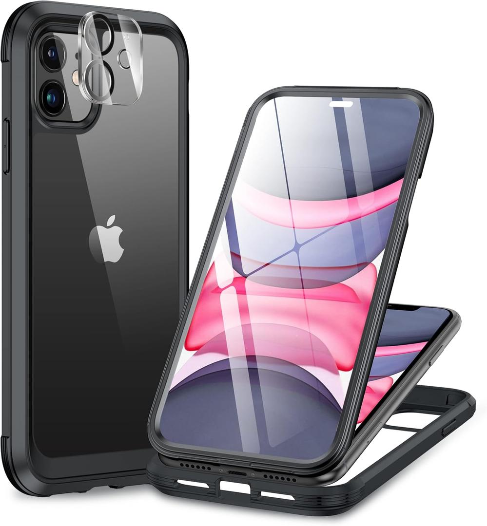 Miracase Glass Series Designed for iPhone 11 Case [2023 Upgraded] Full-Body Rugged Bumper Case with Built-in 9H Tempered Glass Screen Protector and Camera Protector (Black) (iPhone 11 6.1", Black)