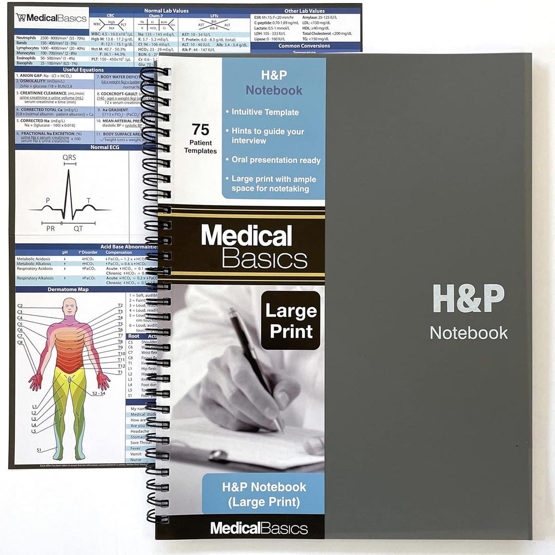 H&P notebook Plus 8.5"x10" (Large Print) - Medical History and Physical notebook, 70 medical templates with perforations