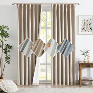 Randall Oatmeal Tan Textured Linen 100% Blackout Pinch Pleat Drape - Solid Color Modern Style Back Tab & Ring Hooks Thermal Insulated Curtains for Living Room, Dining & Bedroom 90 Inch Length 2 Panels