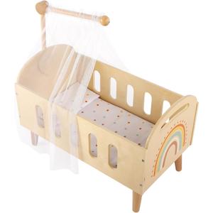 Freniland Wooden Doll Crib Bed for 18 Inch Dolls, Baby Doll Furniture Set with Sheer Canopy and Soft Fabric Mattress, Pretend Play Nursery Accessories for Toddlers, Dolls Bed with Curtain