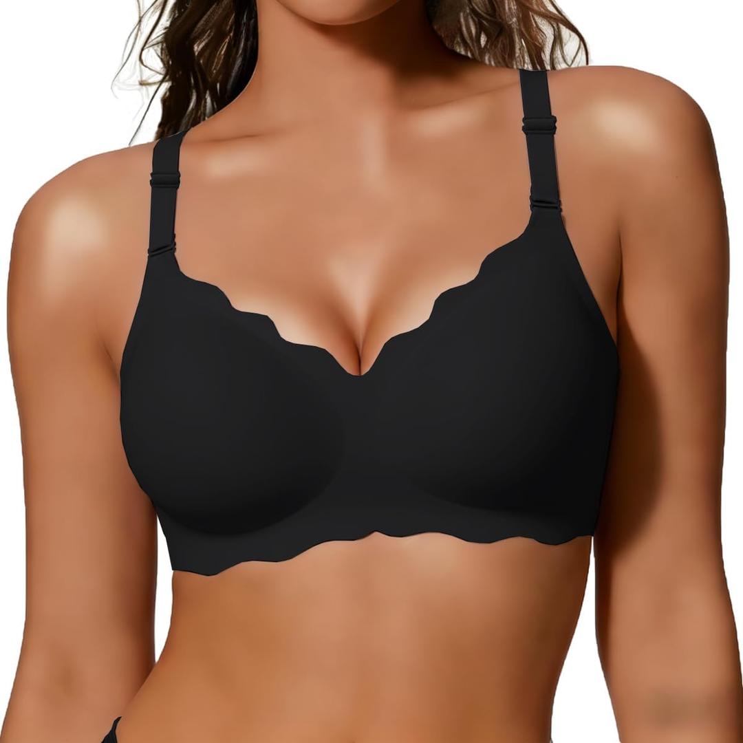 COCOMARTS Jelly Bras for Women No Underwire Scalloped Push Up Wireless Bralettes Seamless Soft Comfort Everyday Tshirt Bra (Black, XL)