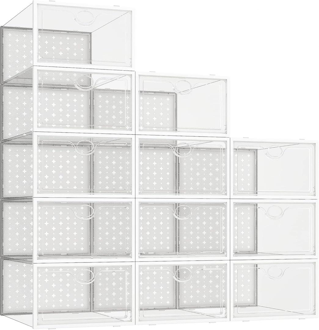 Pinkpum Shoe Storage Boxes, Shoe Organizer for Closet Clear, Shoe Boxes Clear Plastic Stackable, Folable Storage Bins with Lids, 12 Pack Sneaker Storage Box Shoe Rack Containers Bins Holders Cabinet
