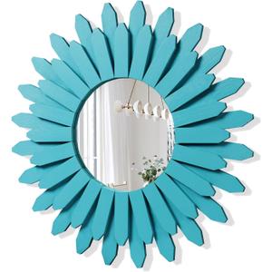Honiway Beach Wall Decor Mirror 21 inch Wood Coastal Wall Decor Sunburst Boho Home Decor Room Decor for Bedroom Living Room Entryway Cyan