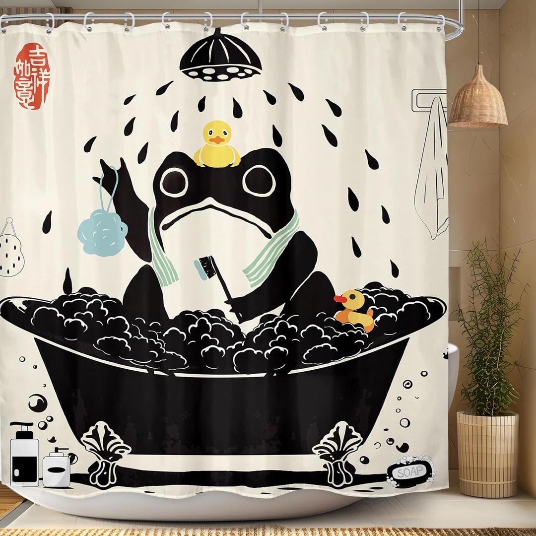 Funny Frog Shower Curtain Bathroom Set 71Wx71H Inches Cute Animal Taking Shower Asian Style Traditional Japanese Art Rubber Duck Bath Accessories Beige Art Home Decor Fabric 12 Pack Hooks