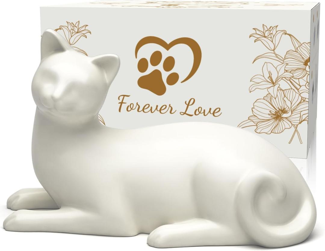 Lying Cat Cremation Urn for Cats, White Ceramic Pet Memorial Urn for Cat Ashes, Keepsake Urn for Loss of Beloved Cat, Cat Remembrance Gift, White