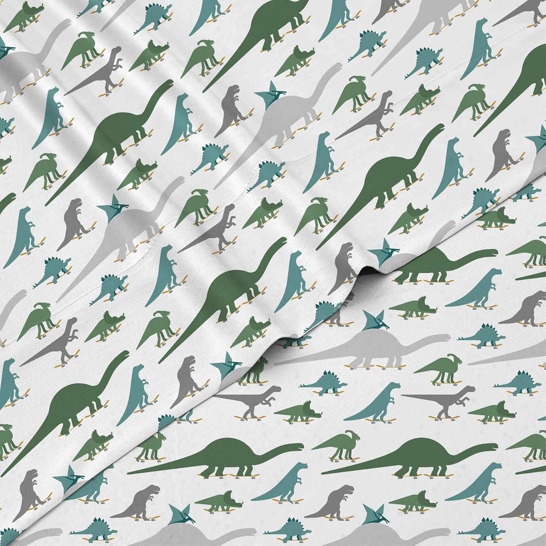 4-Piece Skateboarding Dinosaur Sheet Set for Boys & Kids - 1 Full Flat Sheet, 1 Full Fitted Sheet & 2 Queen Pillowcases, Soft Brushed Microfiber Polyester Bed Sheet, Smooth & Durable
