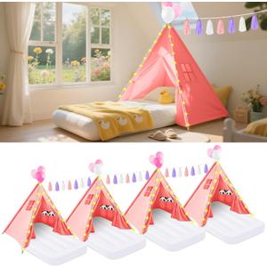 PLULON 4 Pack Teepee Tent for Kids Girls Slumber Party Tents Bulk Kids Sleepover Tent with Inflatable Airbed and Decorations Play Teepee Indoor Outdoor