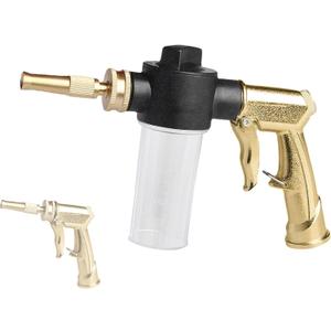 Garden Hose Nozzle Sprayer with 3.5oz Plastic Soap Dispenser Bottle, Heavy Duty High Pressure Car Wash Foam Gun, Adjustable Nozzle for Gardening, Solar Panel Cleaning, Pet Showering (Brass)