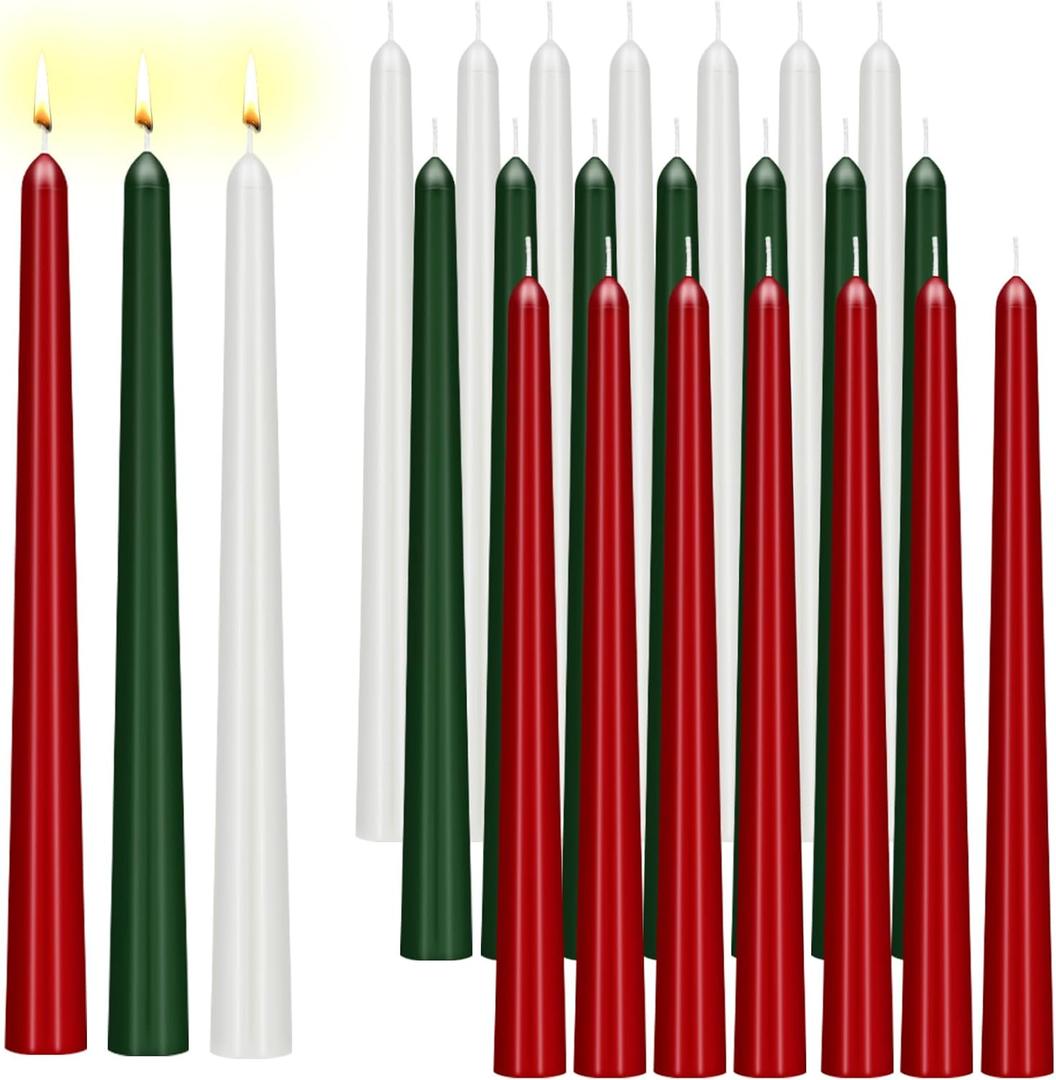 MTLEE 24 Pcs Christmas Candles 10 Inch Taper Candles Dripless Unscented Smokeless Green and White Red Candlesticks for Wedding Christmas Holiday Dinner Home Decor, 9 Hr Burn