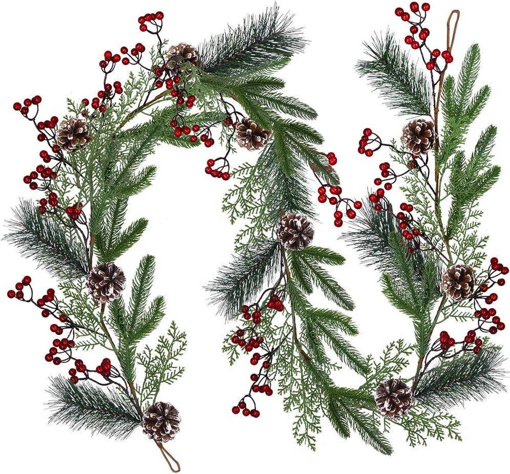 Christmas Artificial Pine Garland with Spruce Cypress Berries Frosted Pinecones Winter Greenery Garland for Holiday Season Mantel Fireplace Table Runner Centerpiece Decoration 6.6 feet