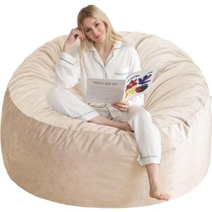 3 Ft Bean Bag Chair, Memory Foam Bean Bag Chairs for Adults with Filling, Round Bean Bag Sofa with Filler Included, Beanbags with Soft Dutch Velvet Fabric,3 Foot, Beige