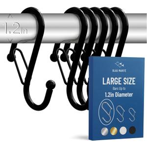 6 S-Shaped Hooks with Anti-Fall System. Anti Drop S-Shaped Hook with Safety Buckle to Prevent Falls. Heavy Duty. (Black, 4in Long (Diameter Rod<1.2in))