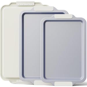 BRONYPRO Non Stick Ceramic Baking Sheet Pan Set of 3, Natural Non Toxic Cookie Sheets for Baking - PFOA, PTFE Free, Heavy Duty Aluminized Steel Oven Trays for Cooking with Silicone Handles, Cream