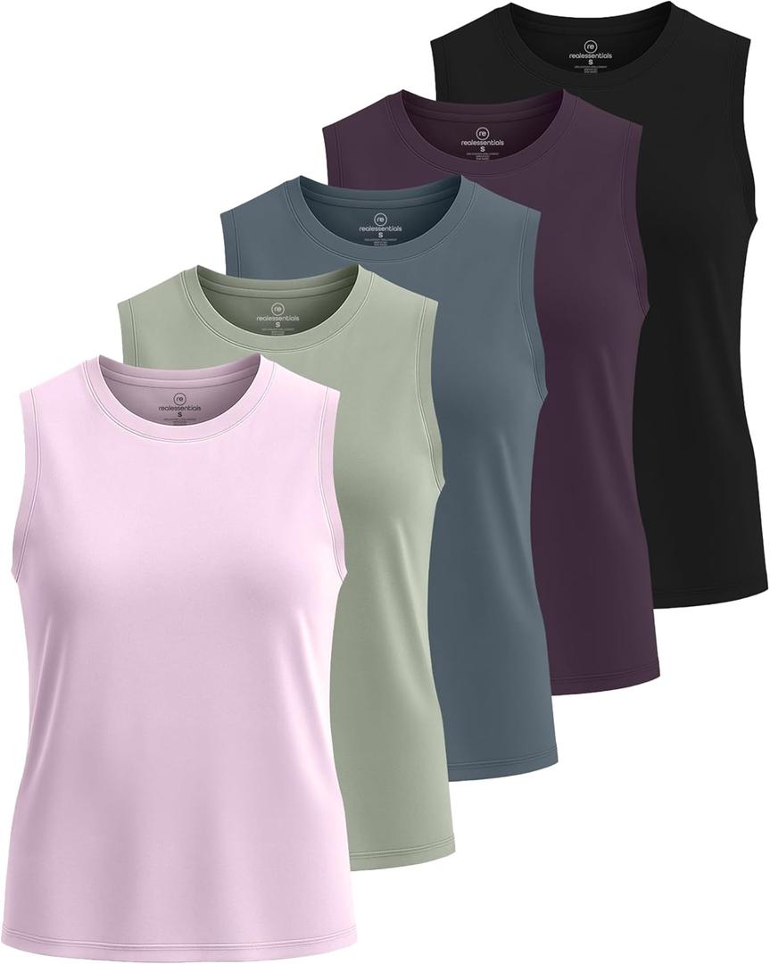 Real Essentials 5 Pack: Women's Dry-Fit Tank Top - Racerback Sleeveless T-Shirt Athletic Workout Gym Shirt XL