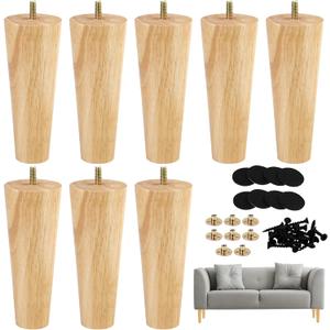 Ruisita 8 Pieces Furniture Couch Legs 6 Inch Round Solid Wood Sofa Legs with M8 T-Nuts Natural Wooden Couch Legs Replacement Leg for Armchair Cabinet Chair Mid Century Modern Dresser, Natural Wood