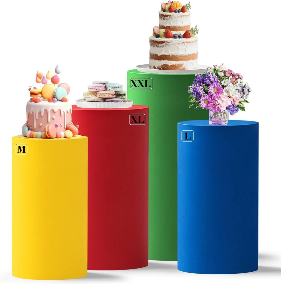 4Pcs Yellow Red Green Blue Cylinder Pedestal Stand Covers, Spandex Cylinder Covers Stands for Party, Birthday & Wedding Dessert Table Decor