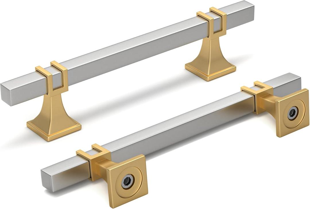 Homdiy 12 Pack 5 Inch(128 mm) Hole Centers Brushed Nickel and Gold Cabinet Pulls Silver and Gold Cabinet Handles Zinc Alloy Brushed Nickel and Brass Dresser Drawer Pulls Kitchen Drawer Handles