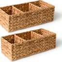 KOKODO Pack of 2 Water Hyacinth Tank Topper Storage Baskets 3 sections Woven Wicker Basket for Toilet Paper Holder, Baskets for Vanity, Bathroom, Pantry Organizing, or Coffee Table Decor