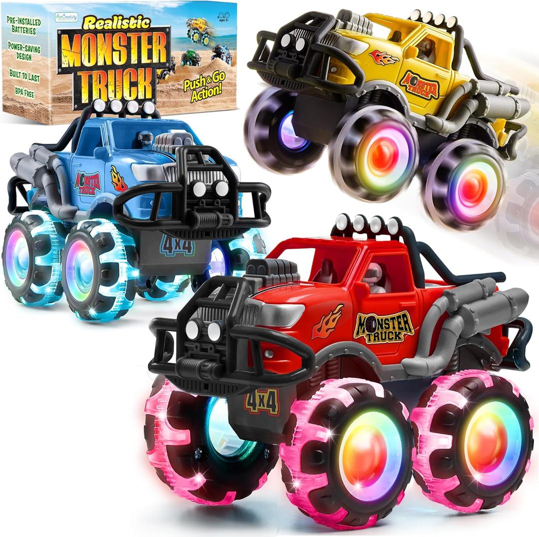 ArtCreativity Monster Truck Toys 3 Pack with Motion Activated Light up Wheels Friction Powered Push and Go Vehicles for Boys Age 3-8 Realistic 4x4 Monster Trucks for Easter Basket Birthday Gifts