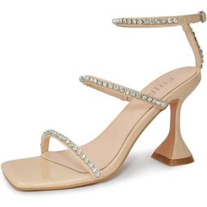 FRJR Women's Rhinestone Sandals Lace Up Slingback Square Open Toe Heels Sparkling Sandals with Stiletto Buckle Strap for Dress Party Prom Wedding High Heeled Shoes Beige 6.5, Was used
