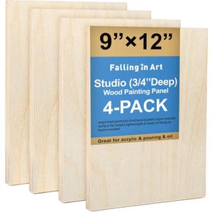 Falling in Art Unfinished Birch Wood Canvas Panels Kit, 4 Pack of 9x12’’ Studio 3/4’’ Deep Cradle Boards for Pouring Art, Crafts, Painting and More