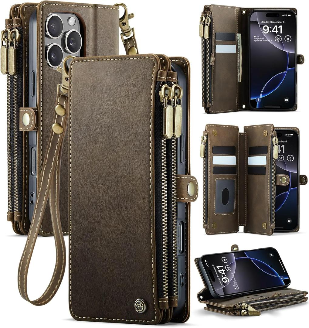 for iPhone 16 Pro (6.3") Case Wallet with RFID Blocking 2-Zipper Pockets & 8-Credit Card Holder Slots & Wrist Strap | Vintage Soft PU Leather Magnetic Snap Flip Protective Phone Cover, Brown