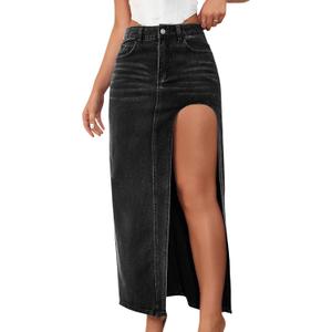 SEMATOMALA Women's Thigh High Split Maxi Denim Skirt High Waisted Cut Out High Low Asymmetrical Jeans Long Skirts (Medium, Black)