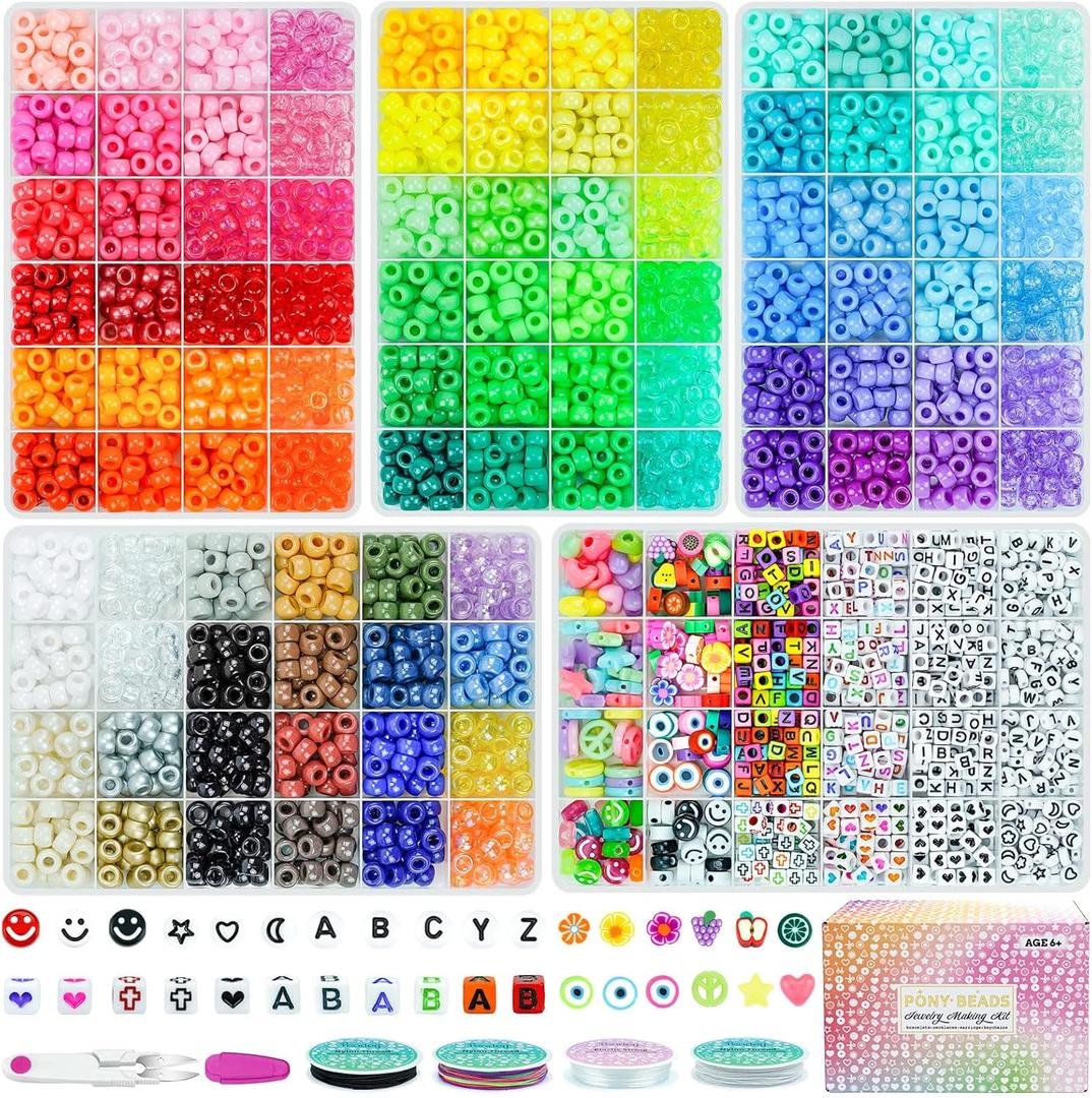 5 Boxes Bracelet Making Kit Pony Beads, 96 Colors 6x9mm Kandi Beads for Bracelets Friendship Plastic Beads with 800Pcs Letter Bead DIY Arts and Crafts for Kids Adults Keychain Jewelry Making