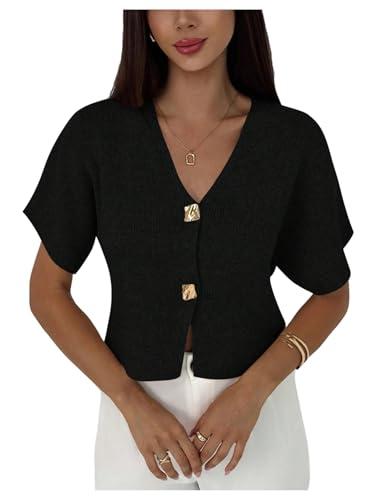 SOLY HUX Women's Short Sleeve Cardigan Sweater Spring Office Clothes Button Down V Neck Slim Fit Elegant Knit Tops Plain Black X-Small