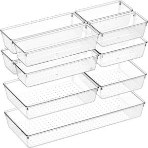 Criusia 11 PCS Clear Plastic Drawer Organizer Set - 5 Large Size Versatile Kitchen and Bathroom Organizer Trays, Non-Slip Storage Bins for Makeup, Utensils, Tool and Office Desk