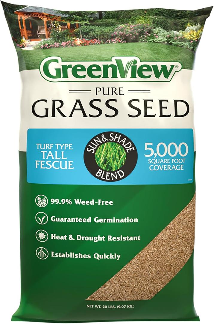 GreenView Pure Grass Seed Turf Type Tall Fescue Sun & Shade Blend, 20 lb. Bag Covers up to 5,000 sq. ft. (EXP 07/20/26)