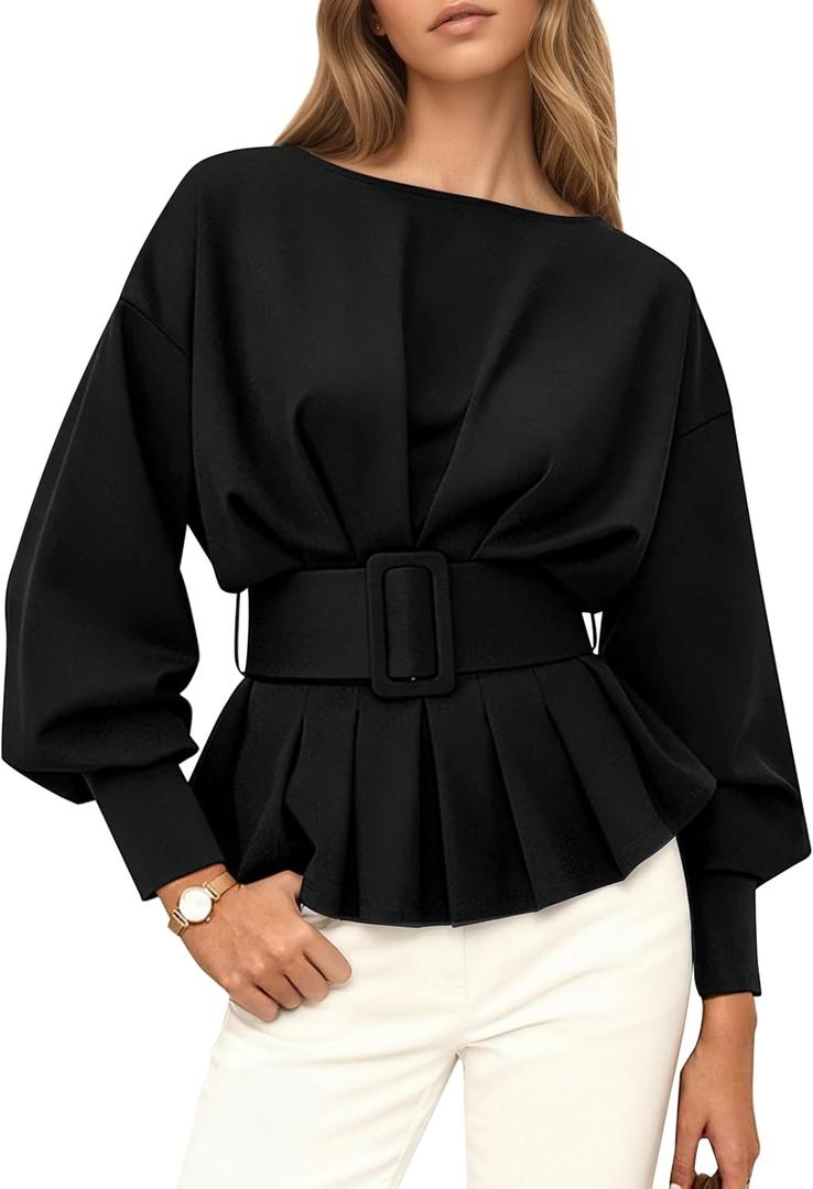 Burtell Boat Neck Long Sleeve Shirts Tops For Women Slim Fit Crew Neck Ruffle Pullover Sweatshirt Fall Peplum Tops with Belt (Black, M)
