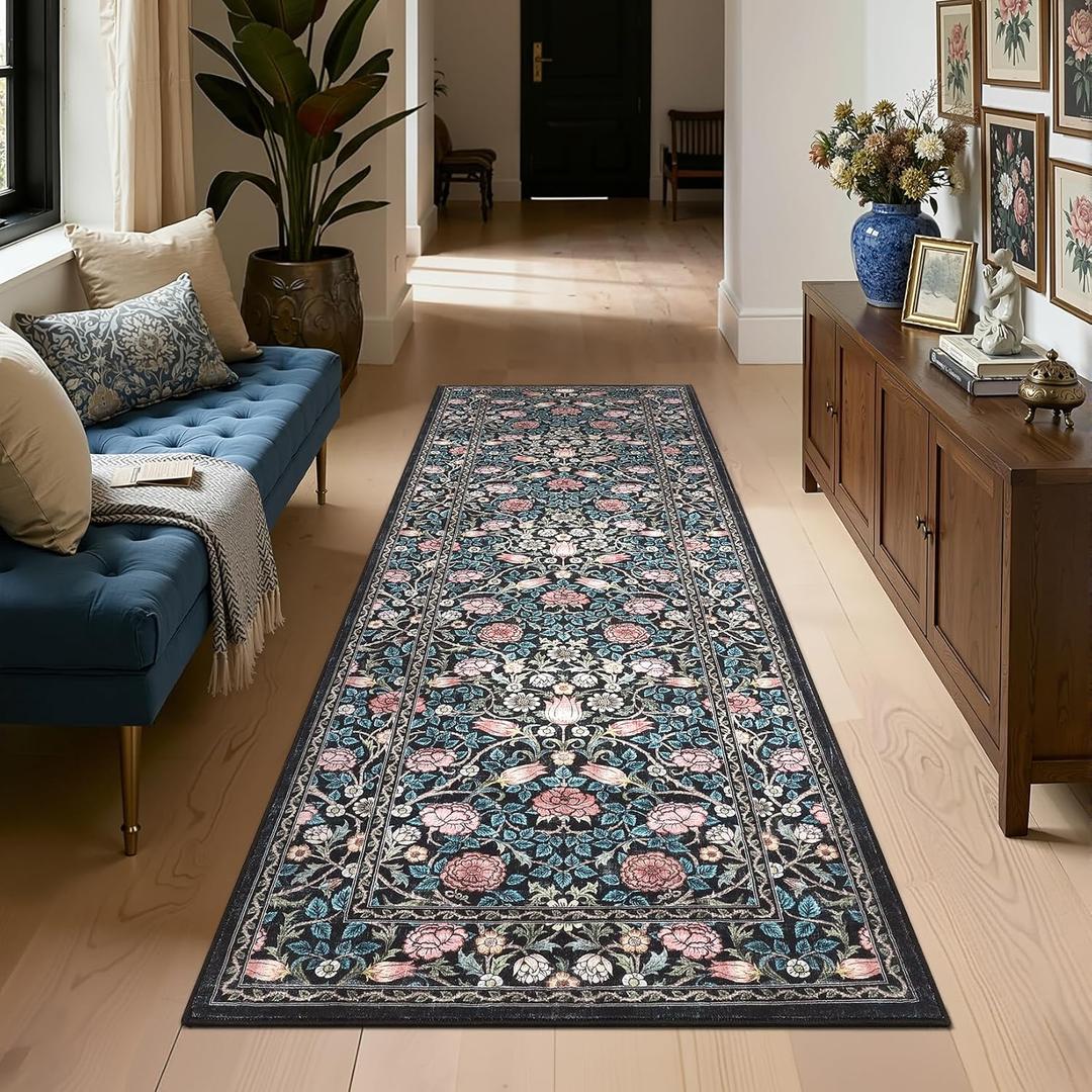 GarveeHome Indigo Blue Vintage Floral 2x6 Runner Rug Washable Kitchen Rugs Non Slip Boho Long Rug for Hallways Bedroom Entryway Bathroom Mat with Rubber Back